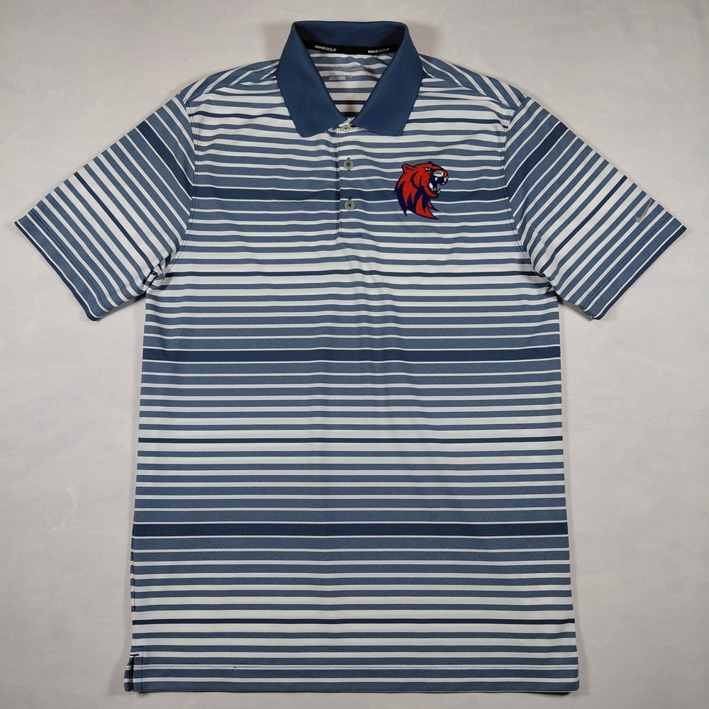 Nike Golf Mens Dri-Fit RSU Tiger Logo Striped Polo Shirt Blue White Size M - Picture 4 of 11